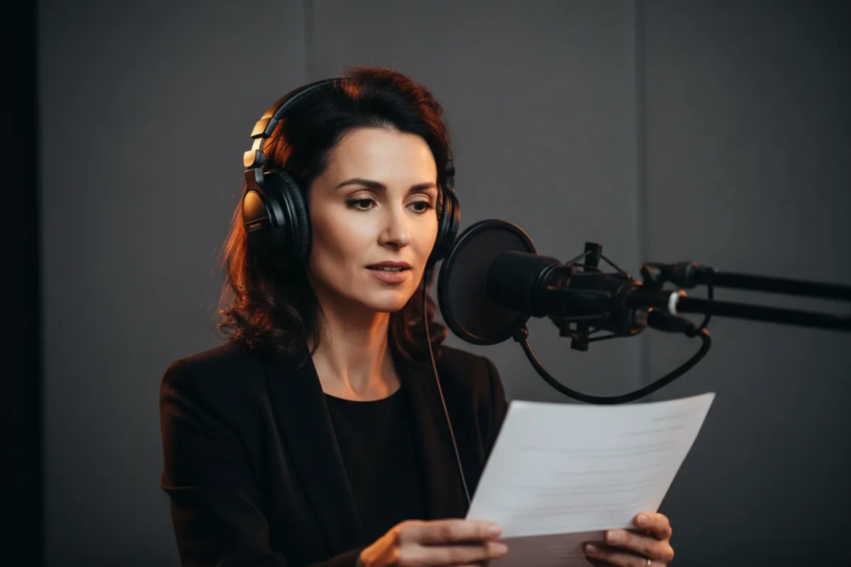 Working professional recording at a microphone