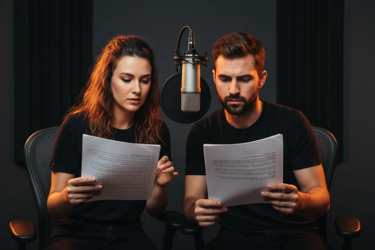Aspiring voice actors working in a studio