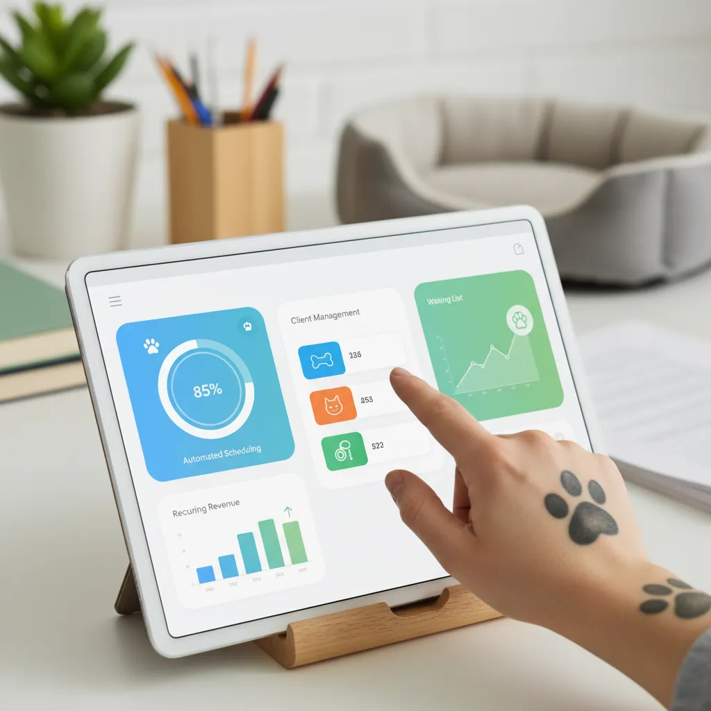A close-up of a digital dashboard on a tablet, displaying automated scheduling and client management tools tailored for pet businesses. The screen shows colorful charts, waiting list notifications, and recurring revenue metrics. A hand with a paw print tattoo interacts with the interface, emphasizing the pet industry focus. The background is softly blurred, suggesting a busy but organized workspace.