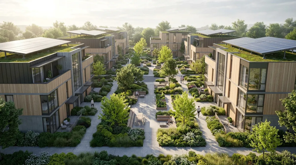 Architectural rendering of modern sustainable micro-community residential development
