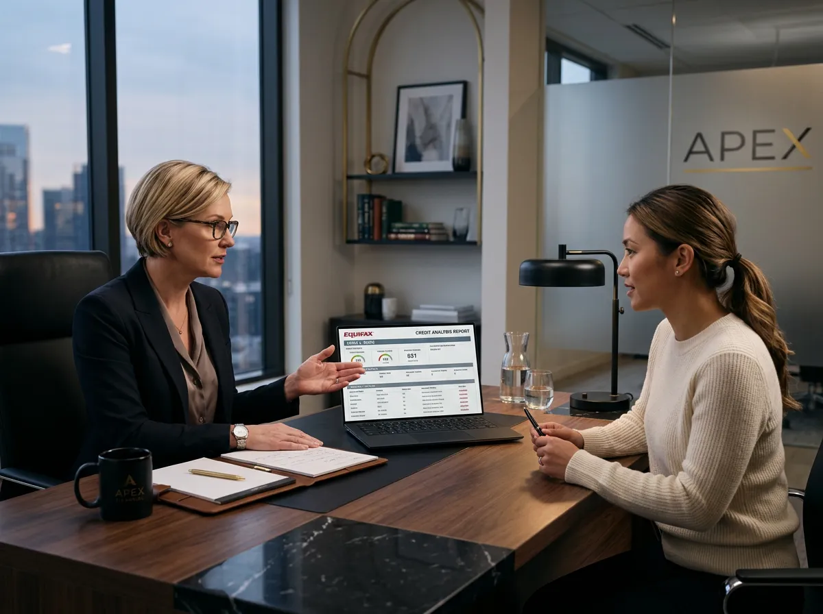 Luxury credit repair consultation with professional reviewing a credit report on a laptop in an upscale office