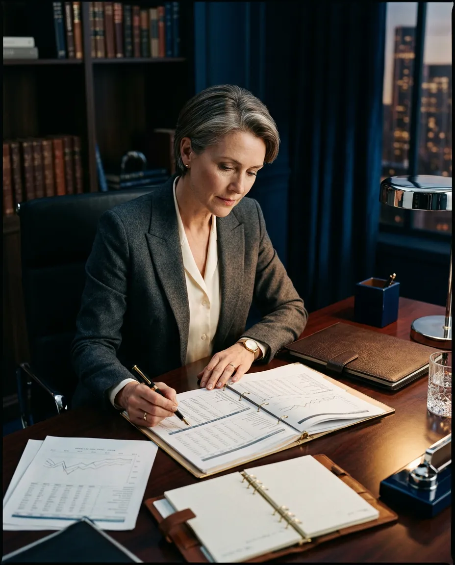 Editorial dark luxury photograph of an executive entrepreneur reviewing financial statements in a private office