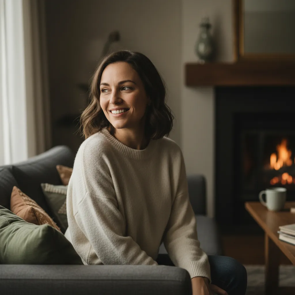 Smiling young woman in her 30s on a cozy living room background, authentic testimonial portrait