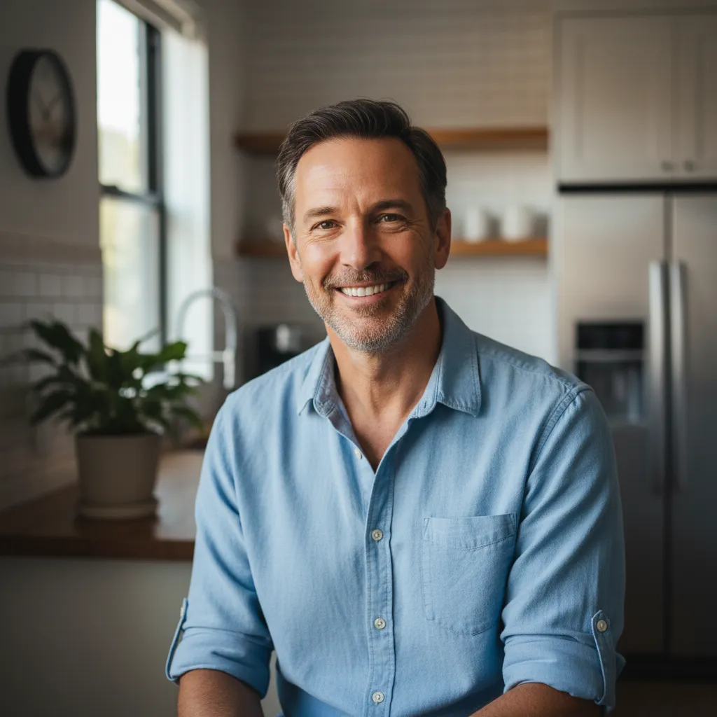 Middle-aged man smiling in a bright kitchen setting, friendly testimonial portrait