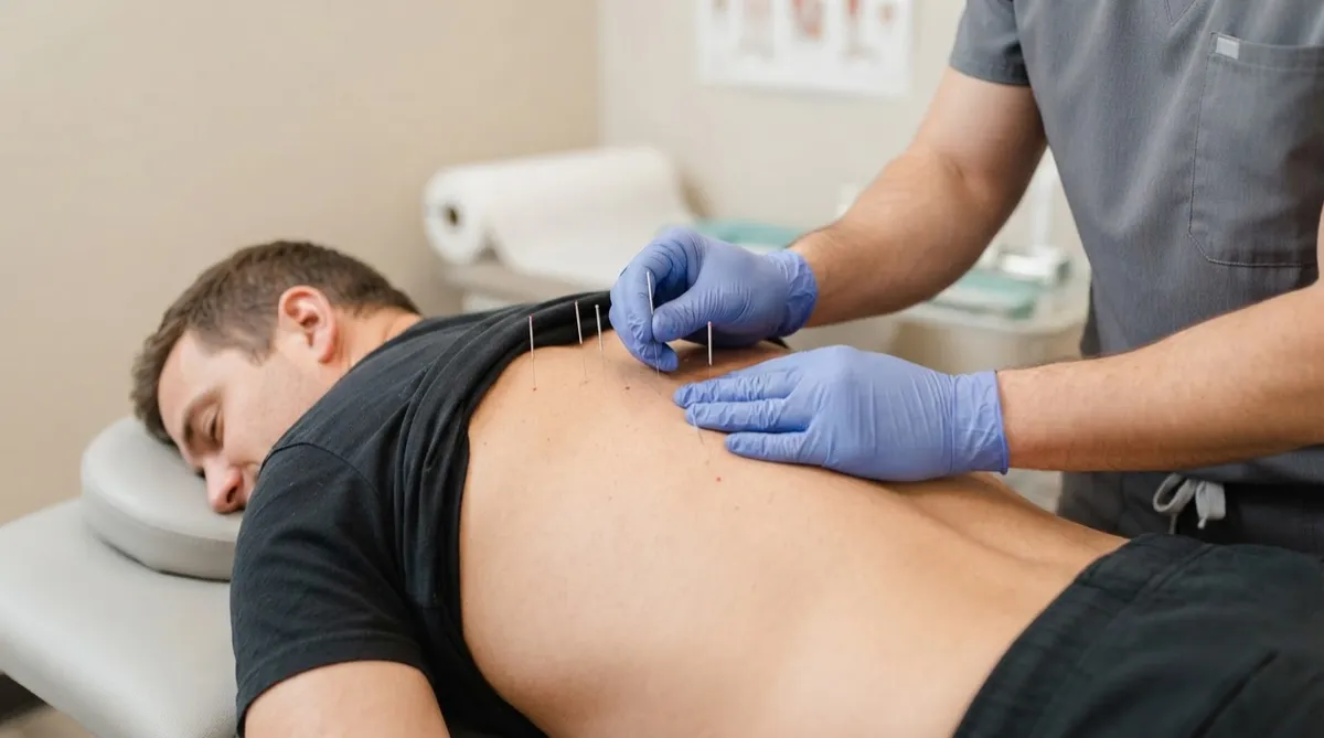 Clinical procedure demonstrating sterile thin needles targeting muscular trigger points