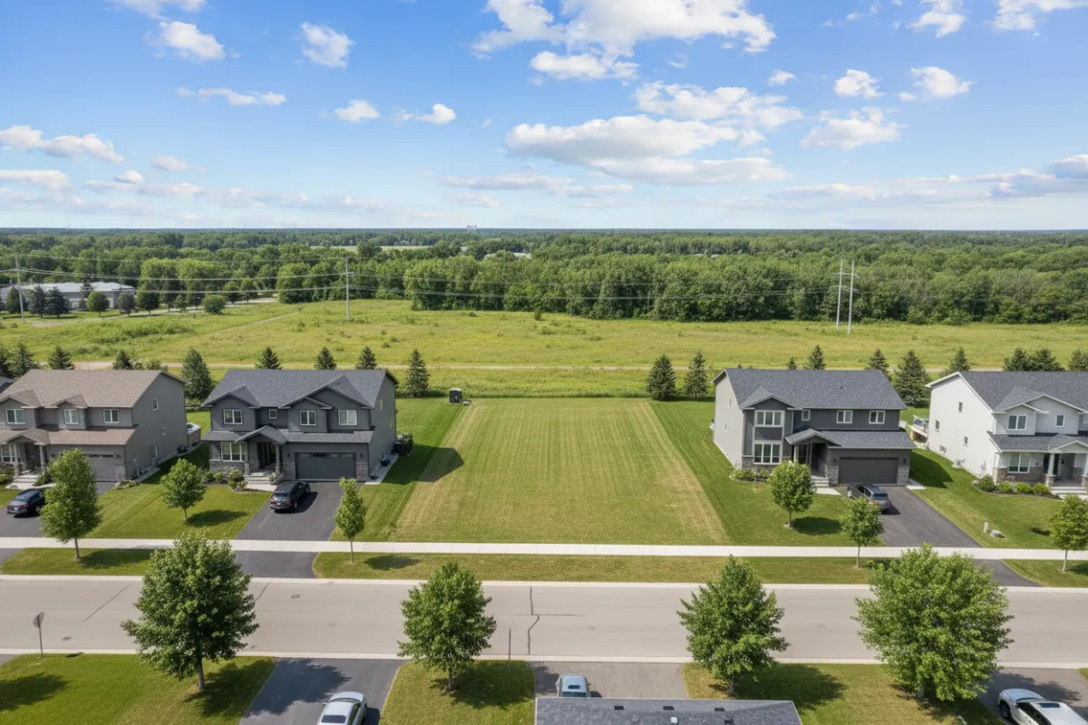 Aerial drone shot of a Winnipeg property and surrounding neighbourhood