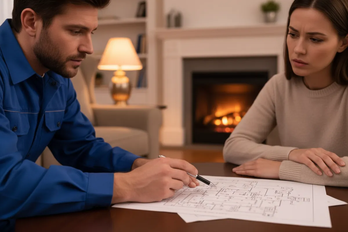 Technician explaining a circuit diagram to a homeowner.