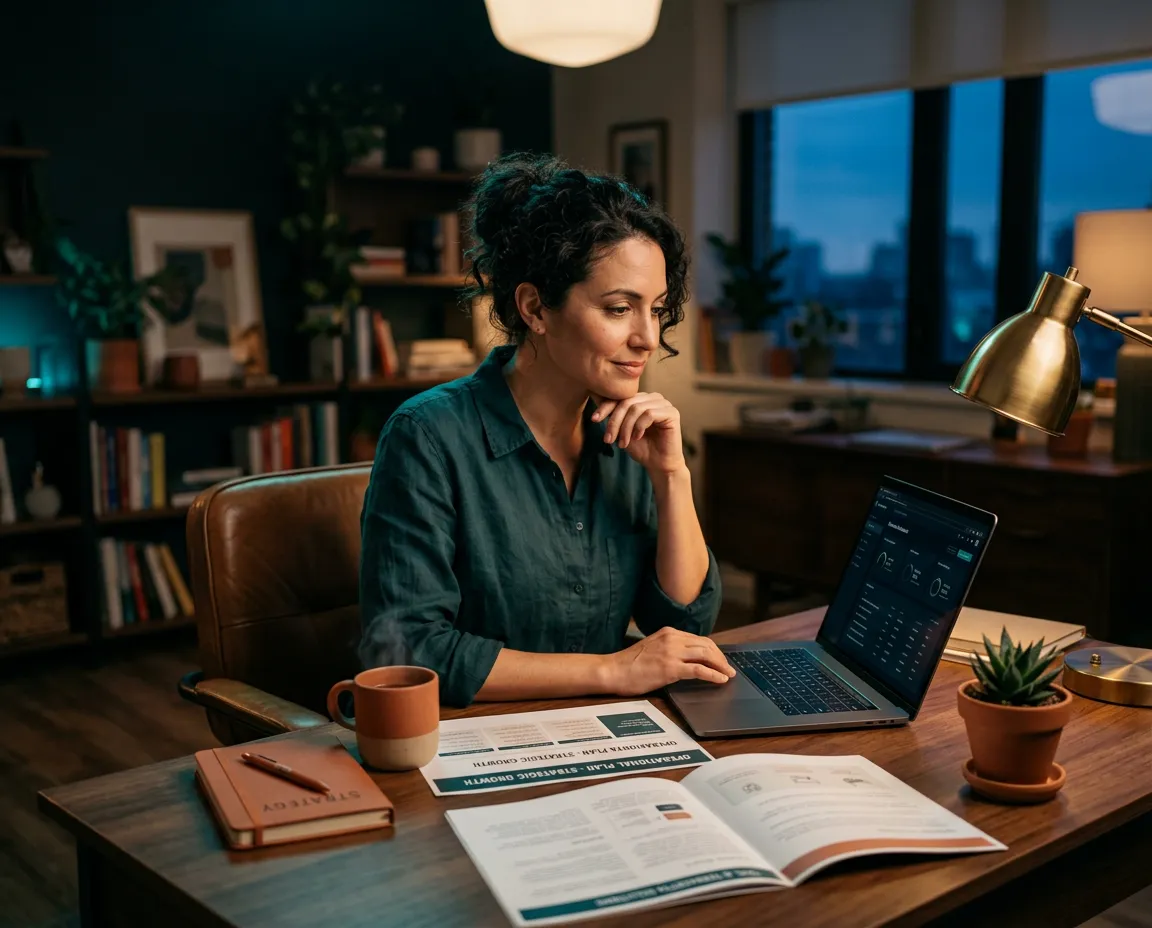 Thoughtful business owner reviewing operational plans in a warm studio office
