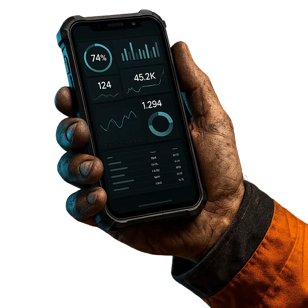 Tradesperson holding high-end smartphone with complex dashboard interface