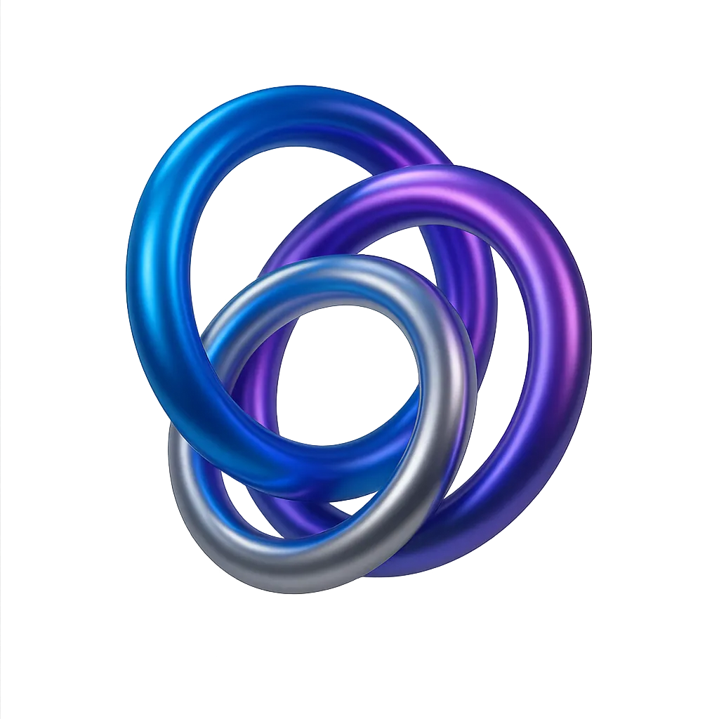 Abstract 3D representation of three interlocking metallic rings glowing with subtle internal light