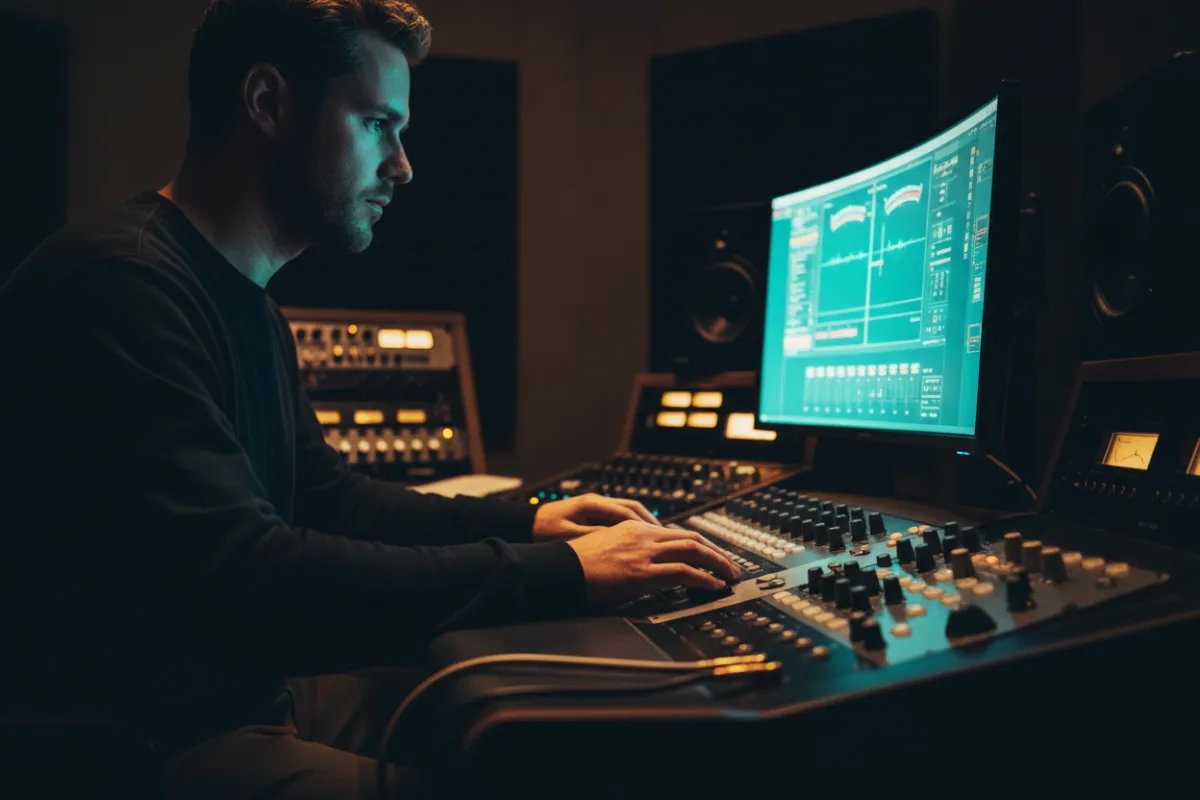 Close-up of a mastering engineer at work, focused on a studio monitor with cyan metering glow and gold accent highlights; hands on control surface, dramatic low-key lighting, photorealistic, emphasizes technical mastery and attention to detail.