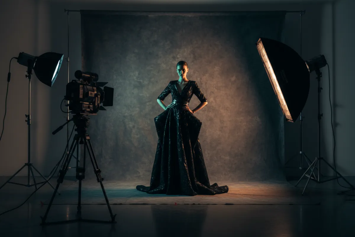 Studio still of a fashion shoot with charcoal backdrop, model illuminated with cyan rim and gold key fill; camera and lights visible, minimalistic set, high-contrast editorial aesthetic demonstrating premium commercial photography skills.
