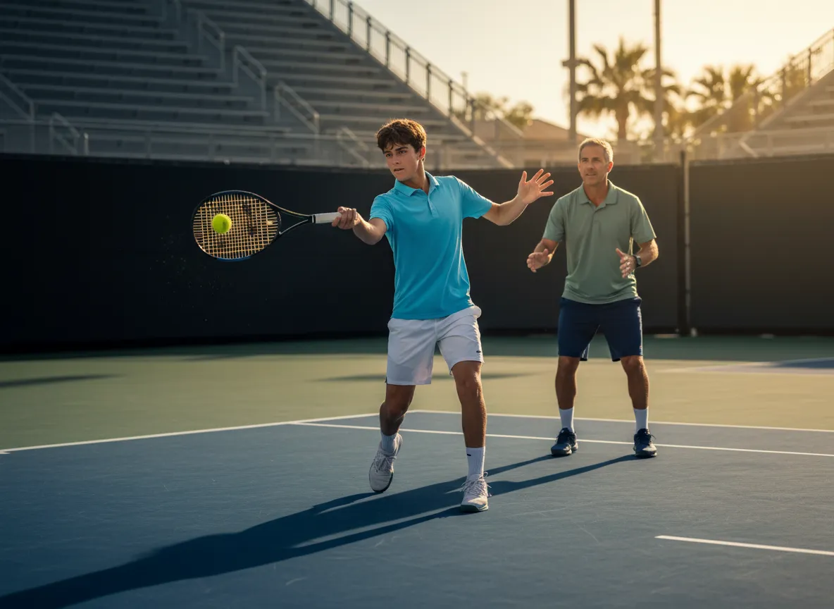 Student practicing tennis with private coach