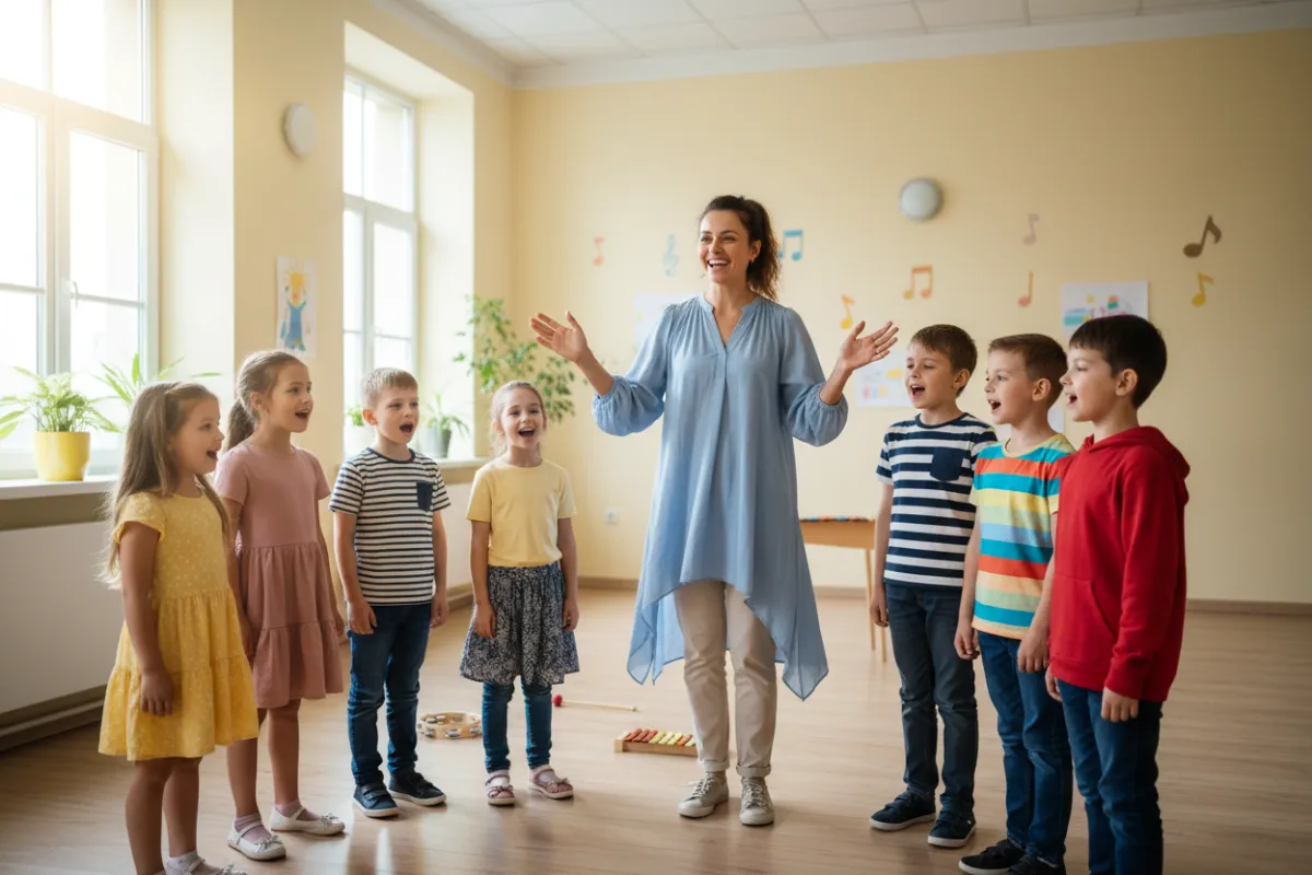 Children singing together in a bright rehearsal space