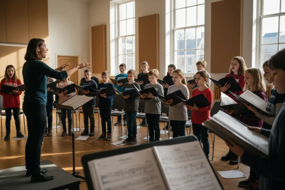 Choir rehearsal with children and conductor leading warm-ups and sectional practice