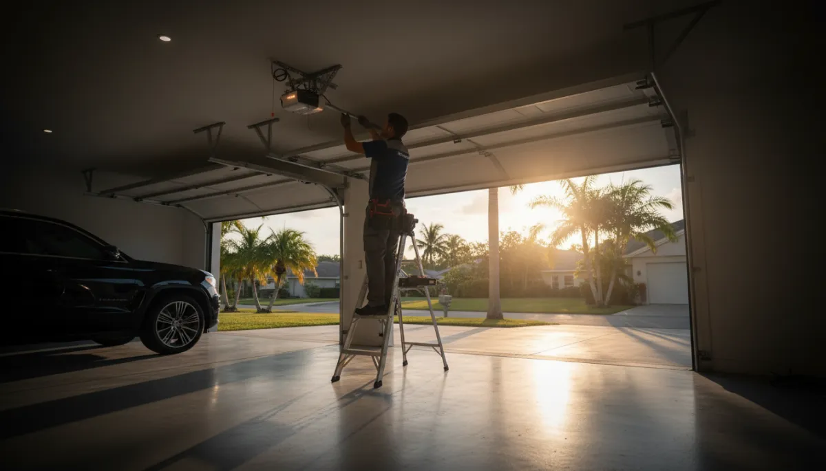 Technician performing garage door repair in Miami home