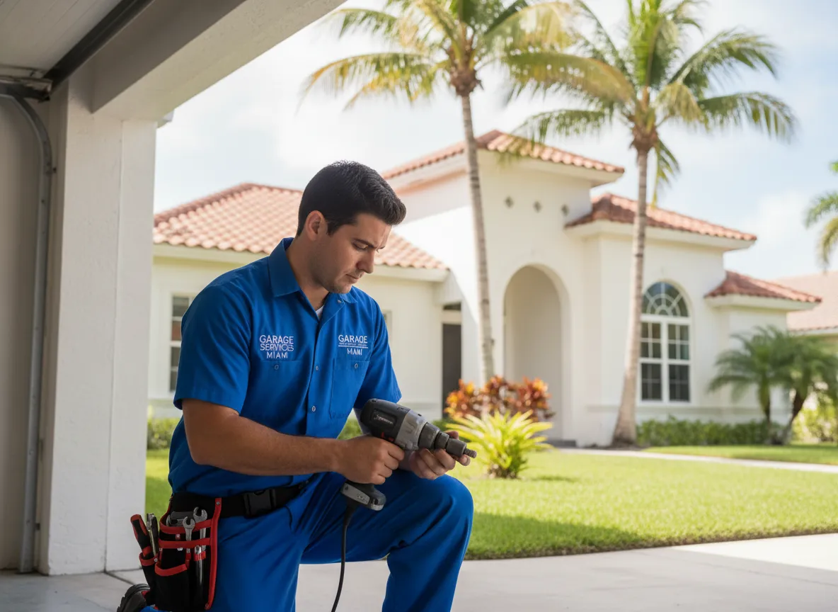 Technician providing garage door services at a Miami property