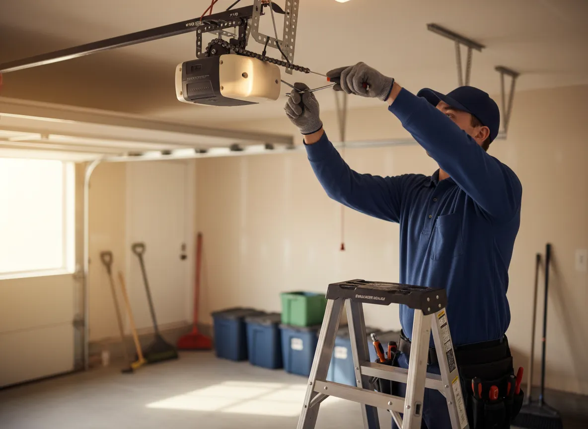 Technician performing garage door repair in Miami home