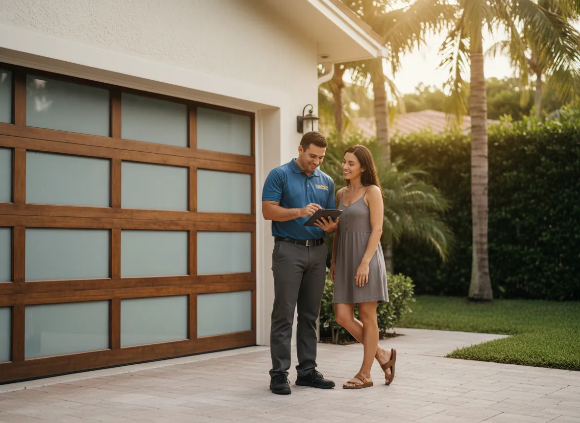Garage Services Miami technician with customer discussing garage door repair options