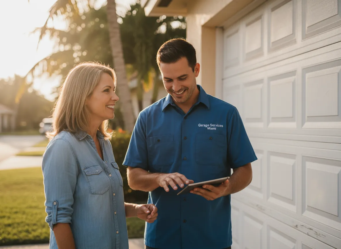 Garage Services Miami technician with customer discussing garage door repair options