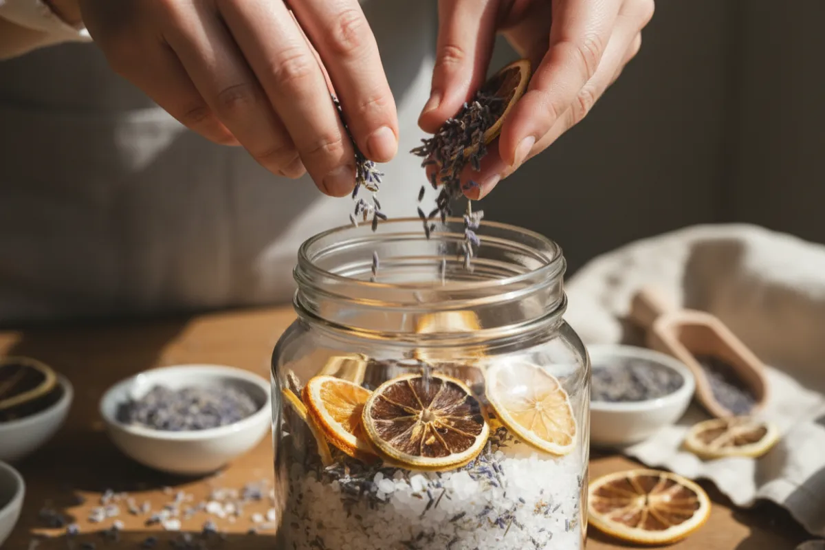 A serene close-up of hands sprinkling dried lavender and citrus into a glass jar for bath salts, natural daylight, shallow depth of field, tactile detail to show craft and care during the workshop.