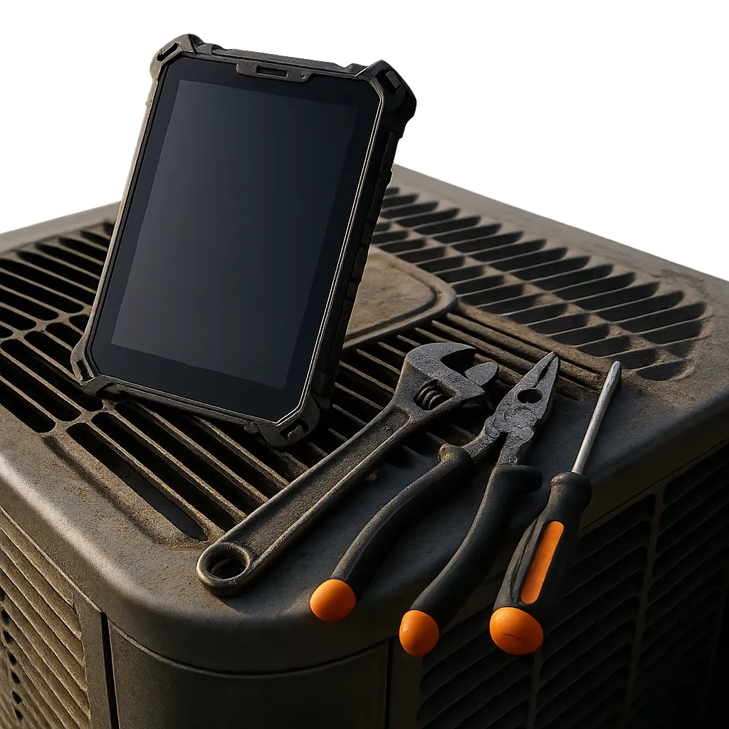 Trade technician on a job site using a rugged digital tablet with work tools and service vehicle in the background