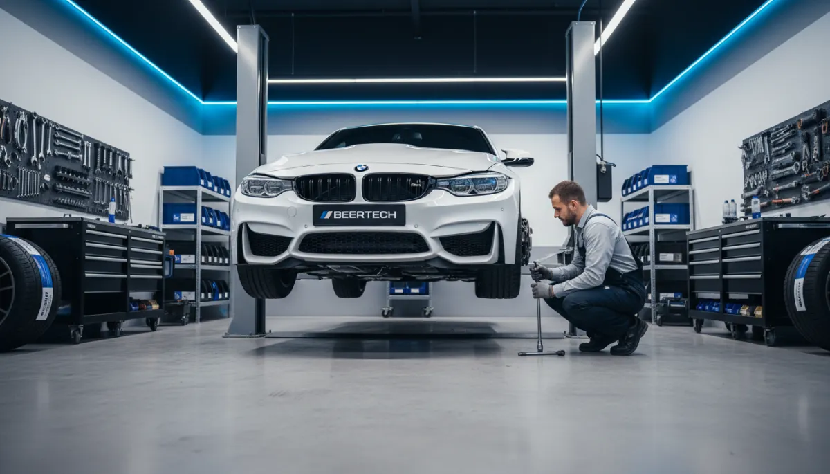 BMW M car on lift inside Beertech workshop