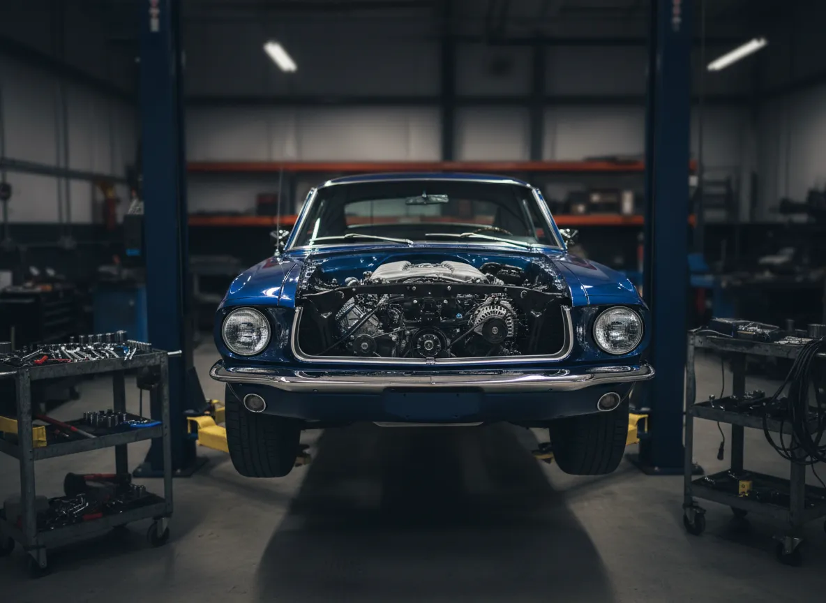 Vintage Mustang with Coyote swap on lift