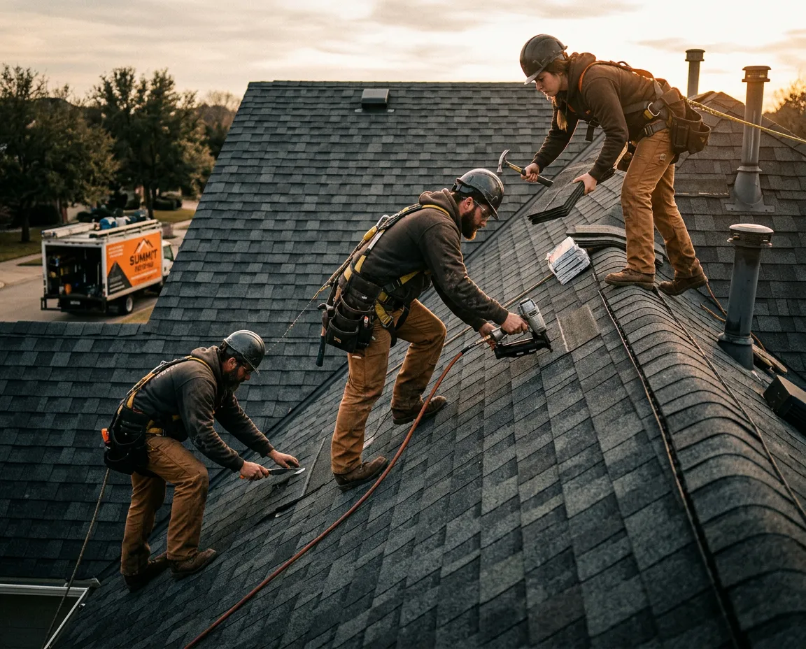 Commercial and residential roofing installation team working on steep pitch architectural shingle roof