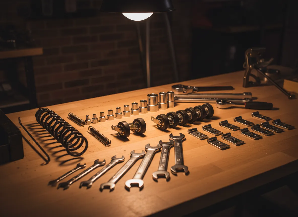 Close-up of garage door tools and hardware used for repair work