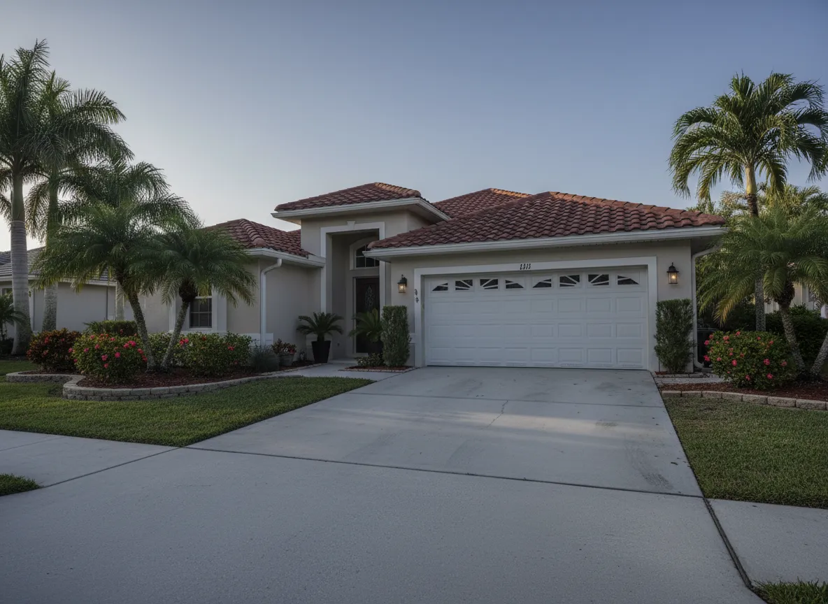 Clean residential garage door on a well-kept Florida-style home