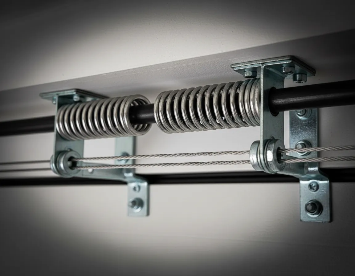 Close-up of garage door spring and cable hardware