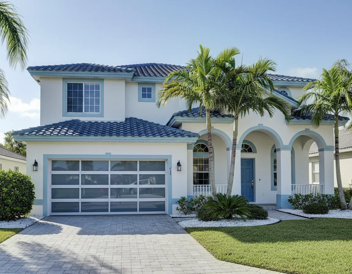 Residential garage exterior with a new garage door installed