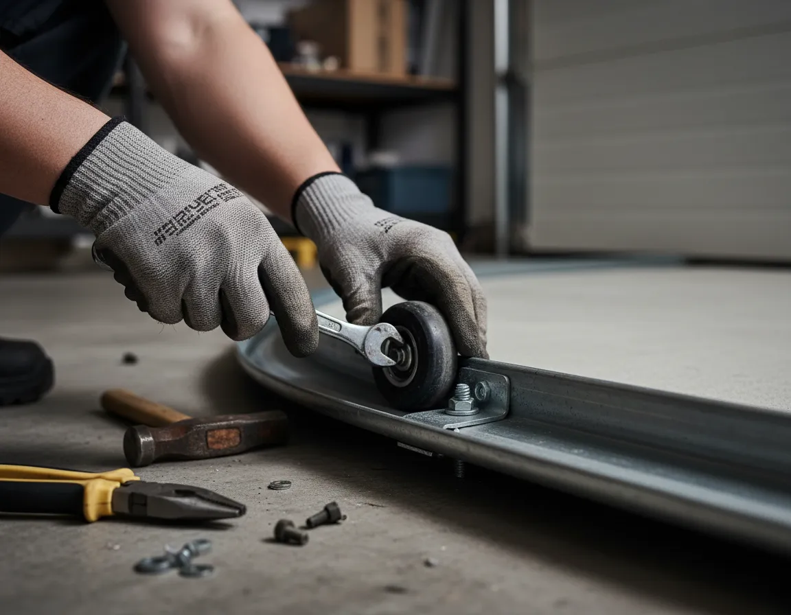 Technician repairing a garage door track and rollers