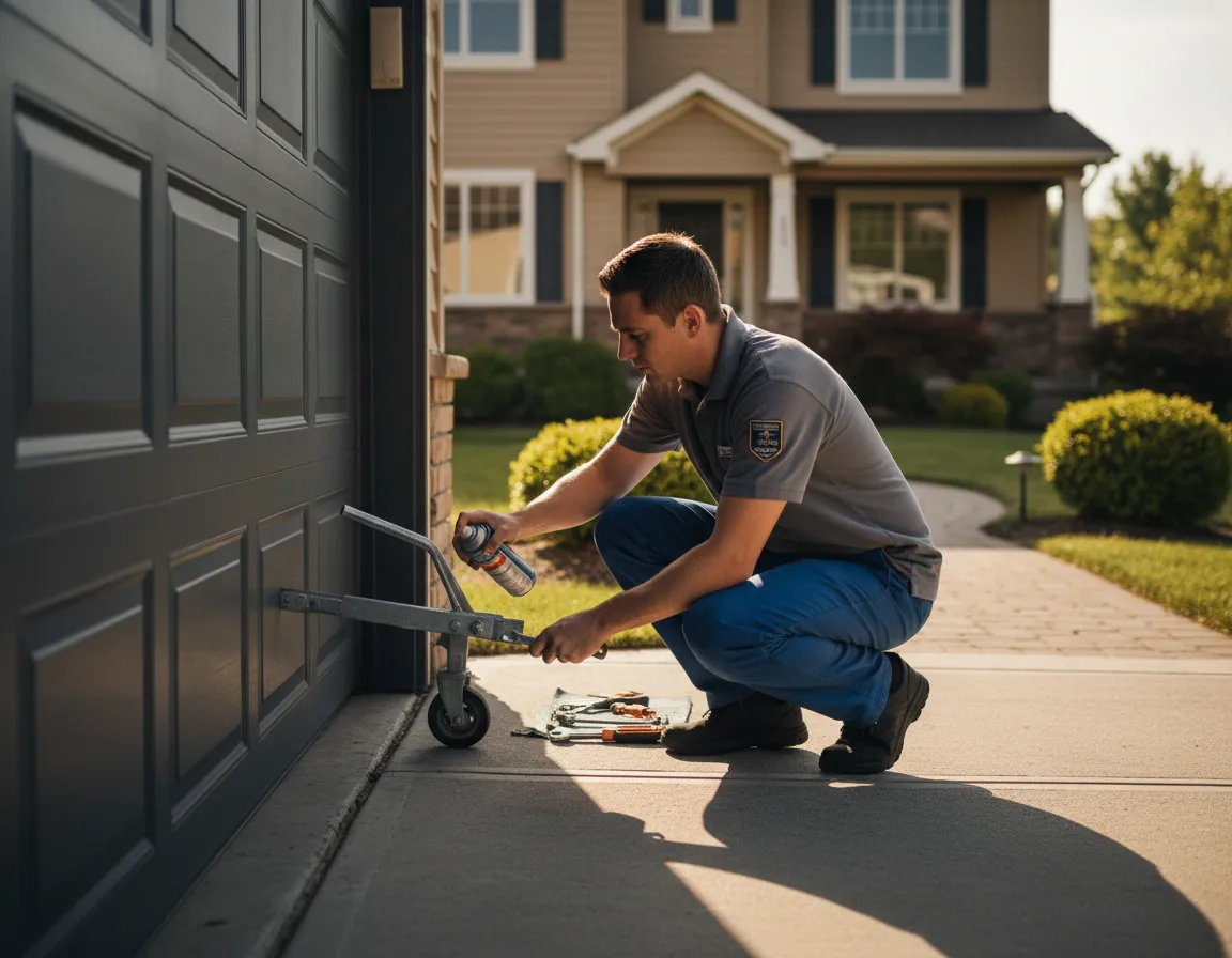 Technician performing a garage door maintenance tune-up