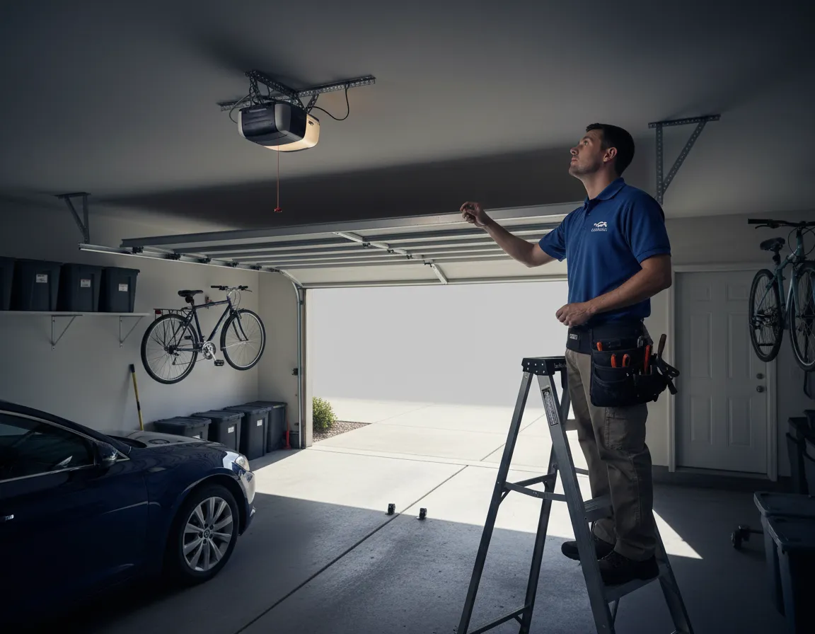 Garage door opener unit and technician checking settings
