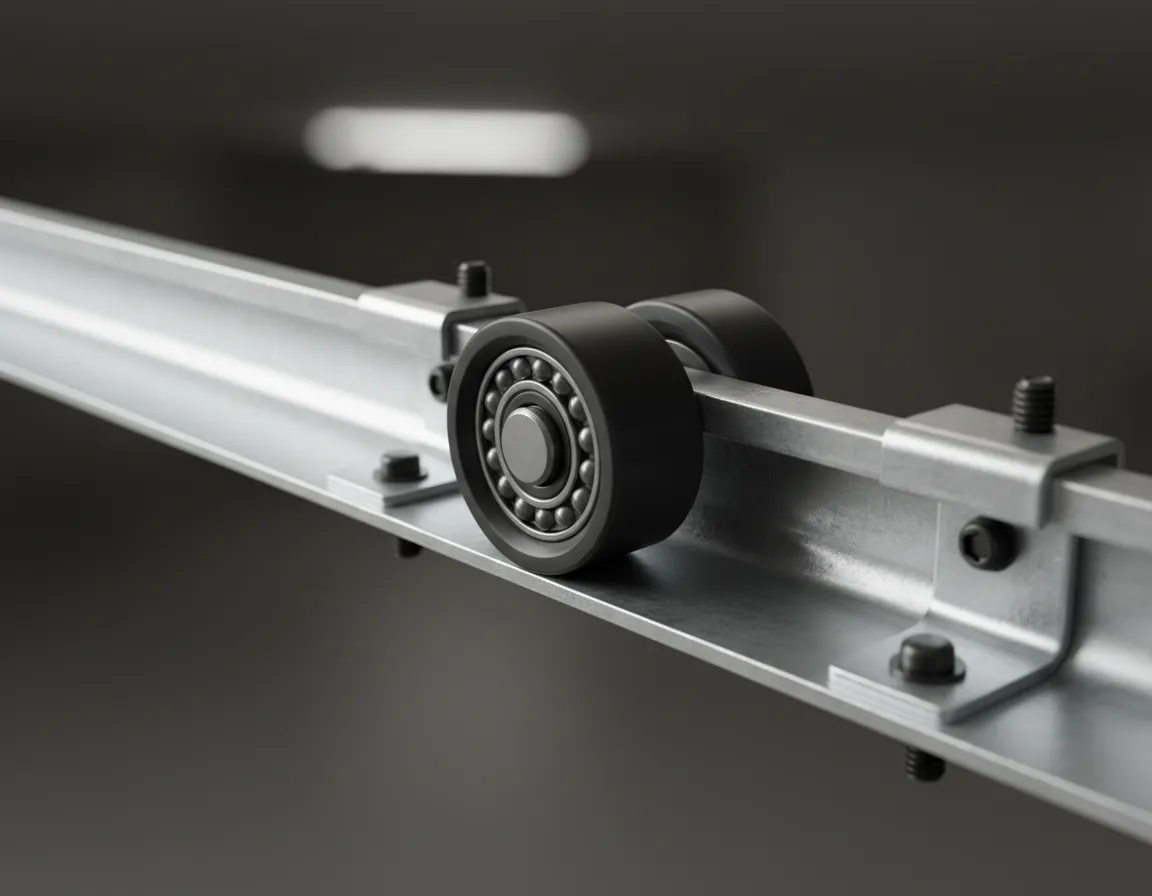 Close-up of garage door rollers and track
