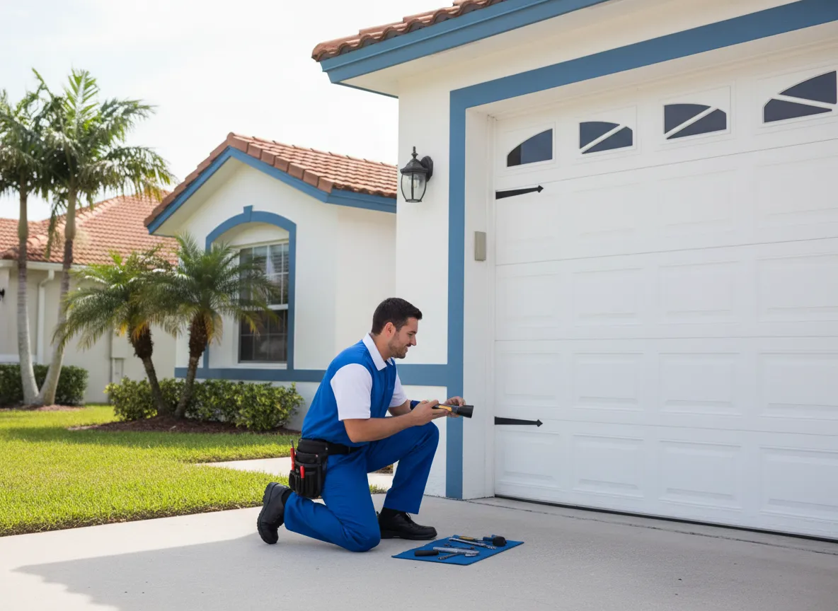 Technician inspecting a residential garage door in Port Saint Lucie