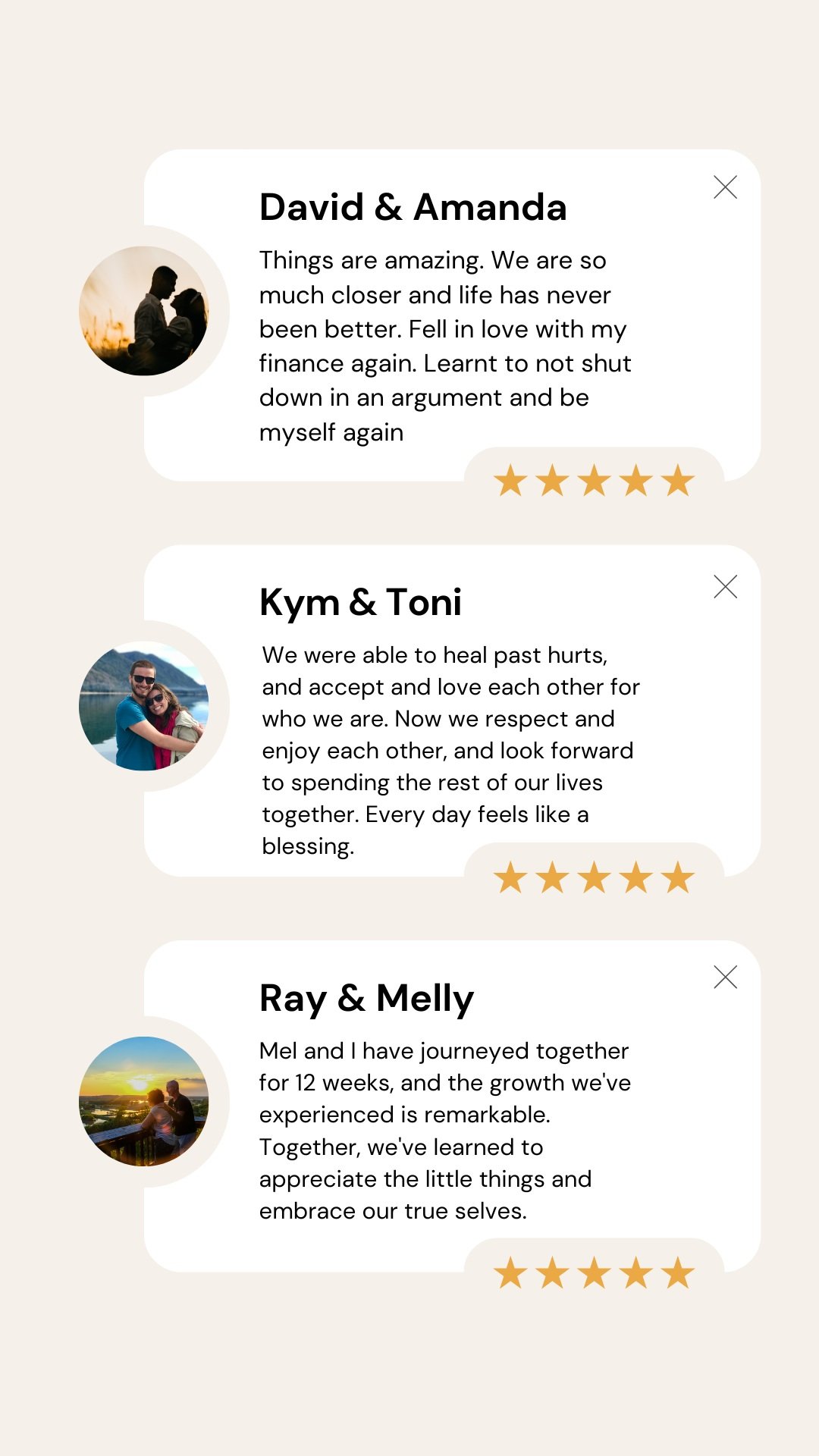Collection of three love testimonials with profile pictures