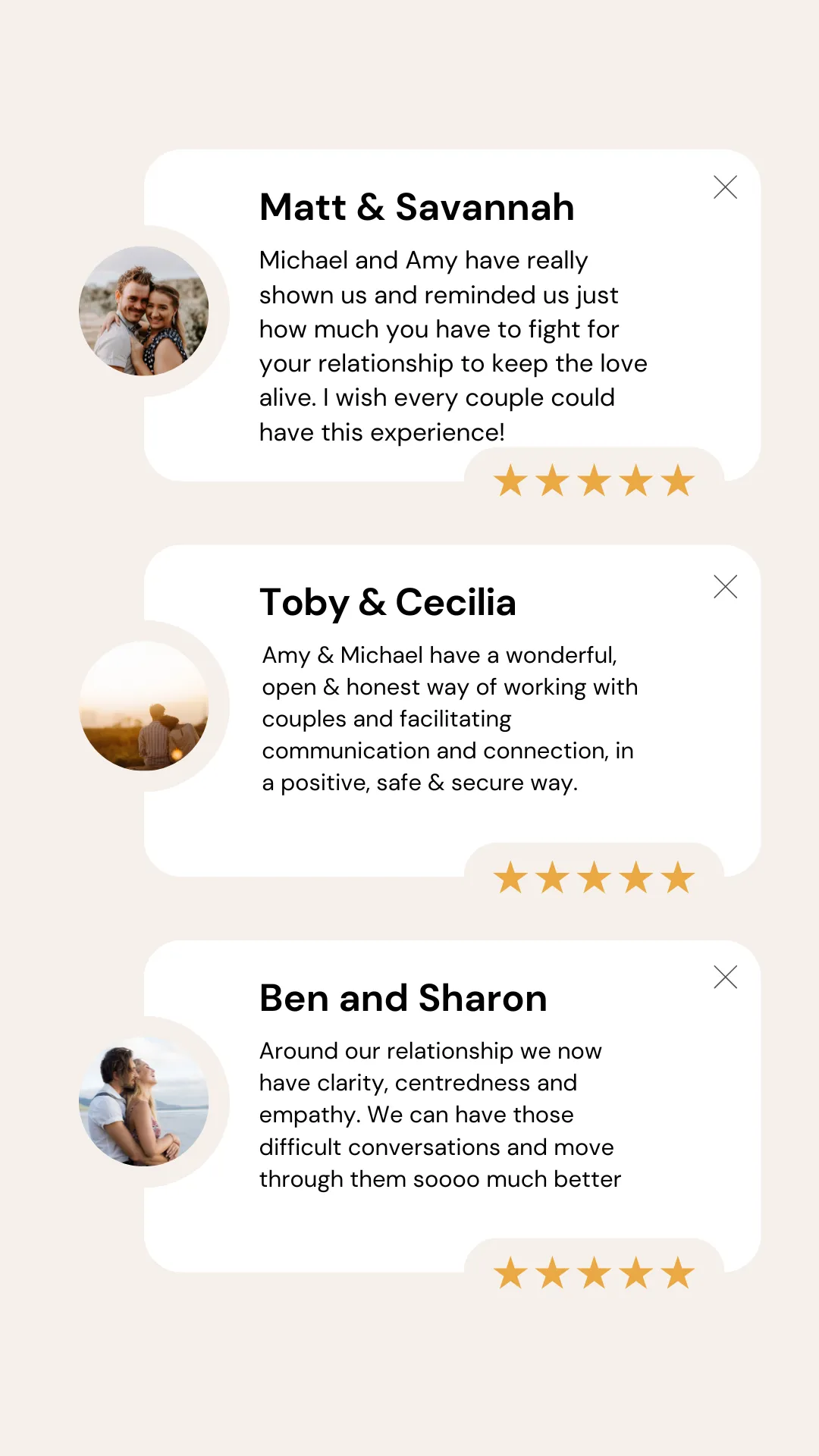 Testimonial reviews from different couples