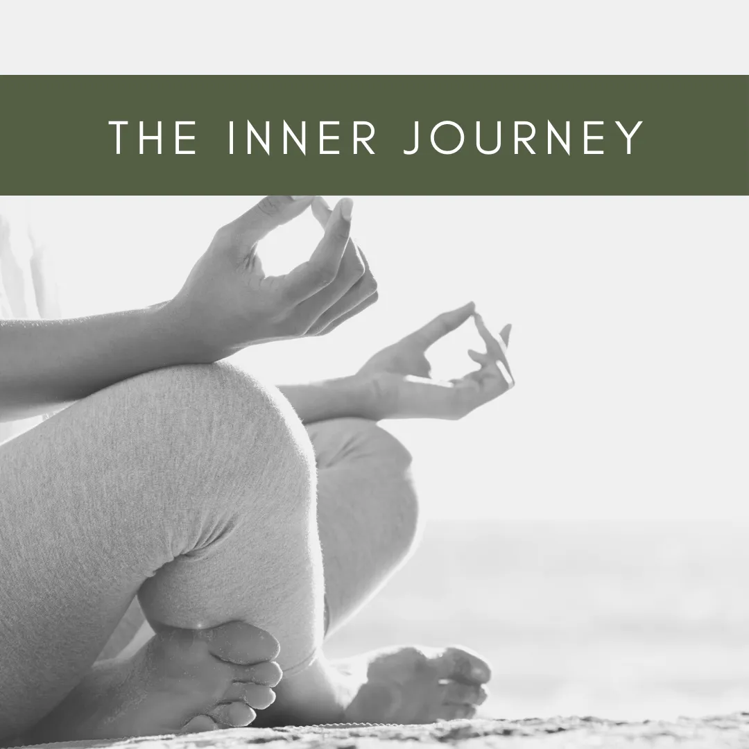 Black and white image of a person sitting cross-legged on the ground, practicing meditation with their hands in a mudra position, overlooking a body of water. The text 'The Inner Journey' is displayed at the top.