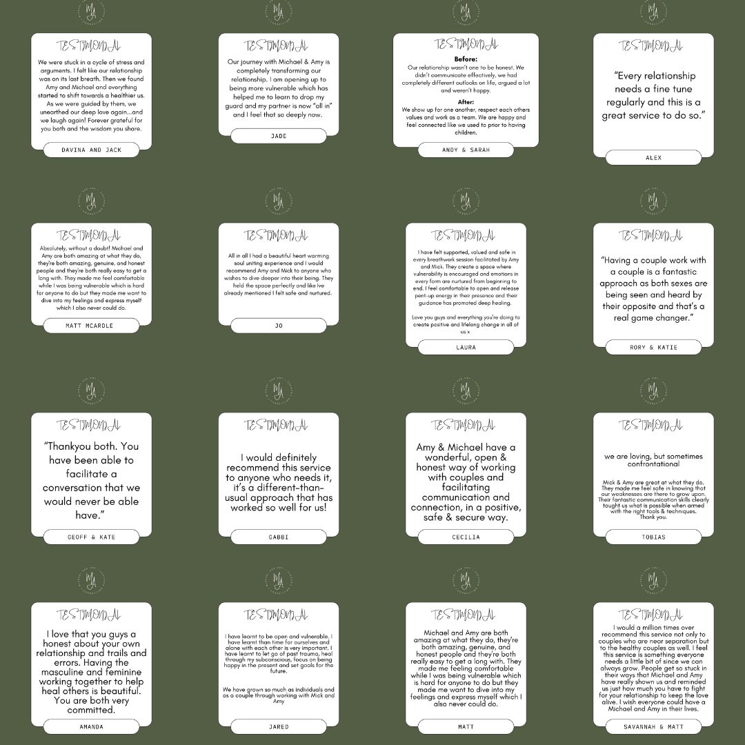 Collection of twelve digital testimonial cards with positive reviews about relationships and communication.