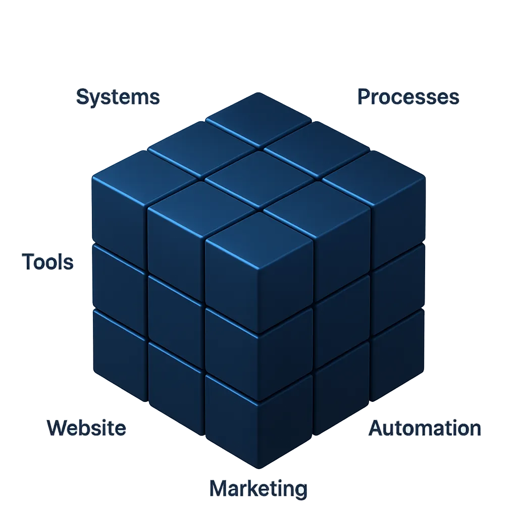 3D isometric 3x3 deep blue organizational cube with clean labels floating near faces representing Systems, Processes, Tools, Website, Marketing, and Automation