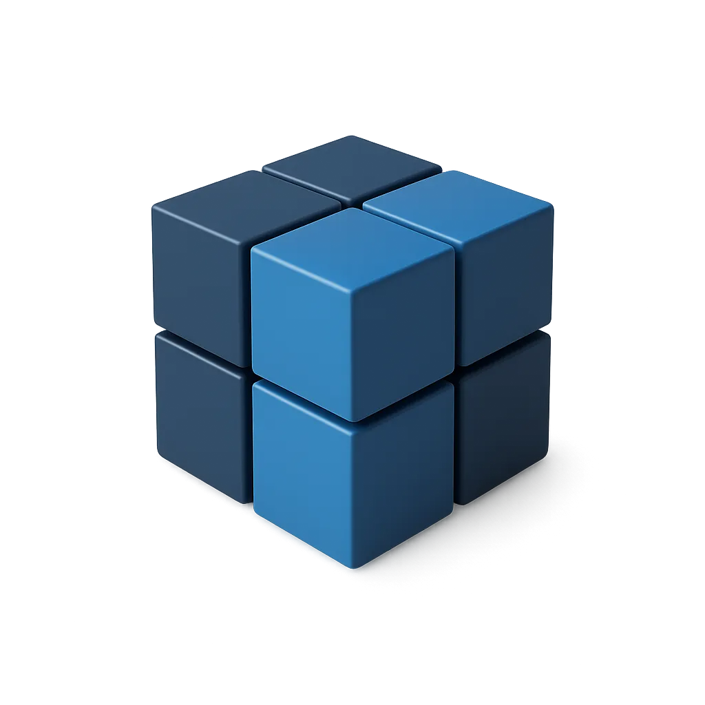 An array of individual blue blocks gradually merging into an organized solid 3D cube visual representation