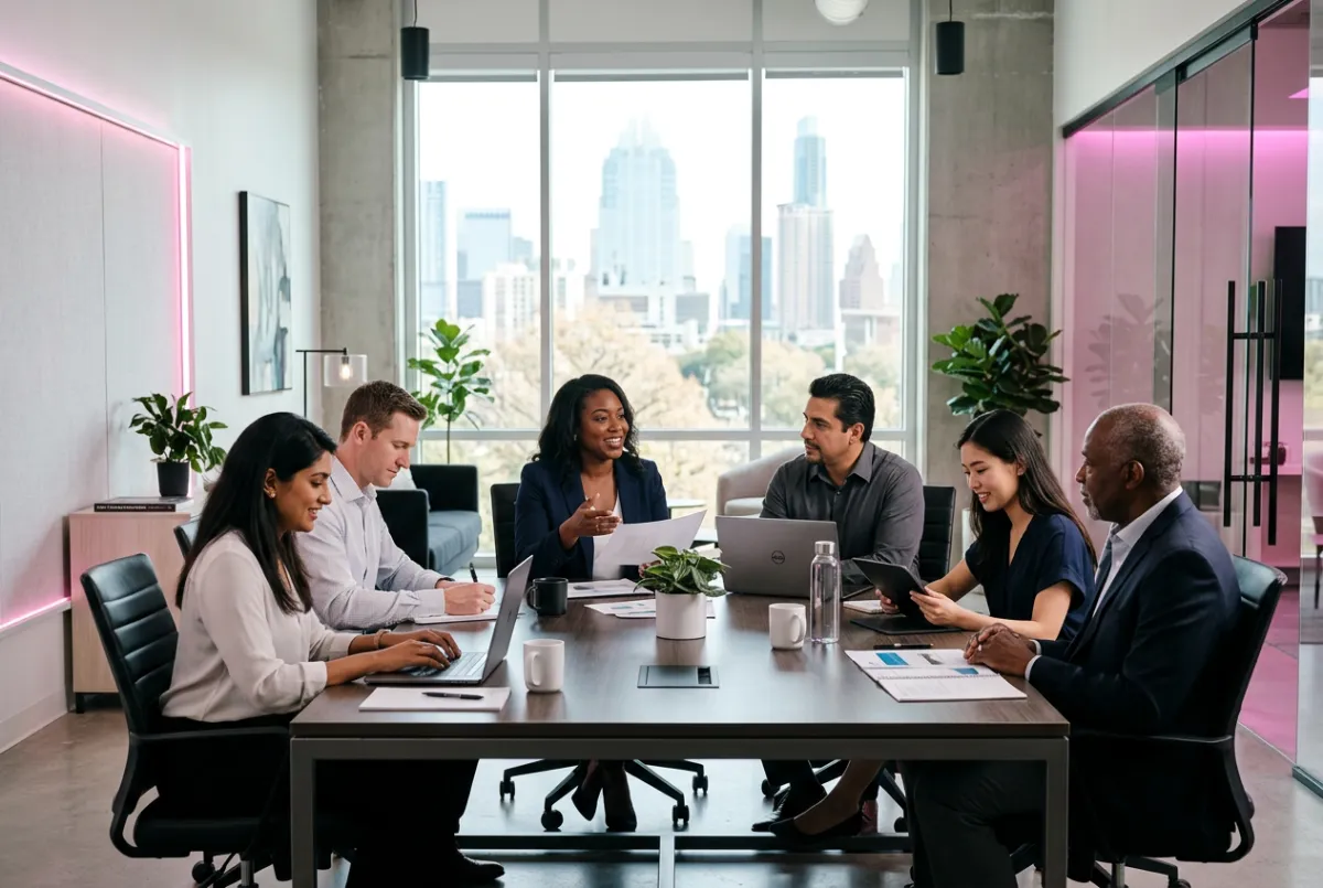 Equipo corporativo y consultores colaborando en un entorno empresarial moderno en Austin