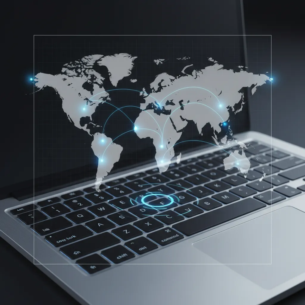 A digital map with client locations marked, overlaid on a laptop keyboard. 1:1 aspect ratio.