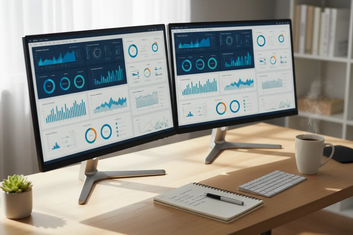 A home office with dual monitors displaying analytics dashboards, a cup of coffee, and a notebook with handwritten goals, showing a professional workspace, 3:2 aspect ratio
