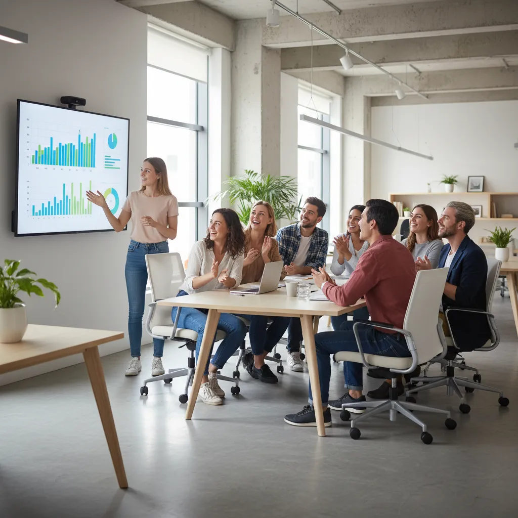 A young woman presents marketing results on a digital screen to a diverse team. 1:1 aspect ratio.