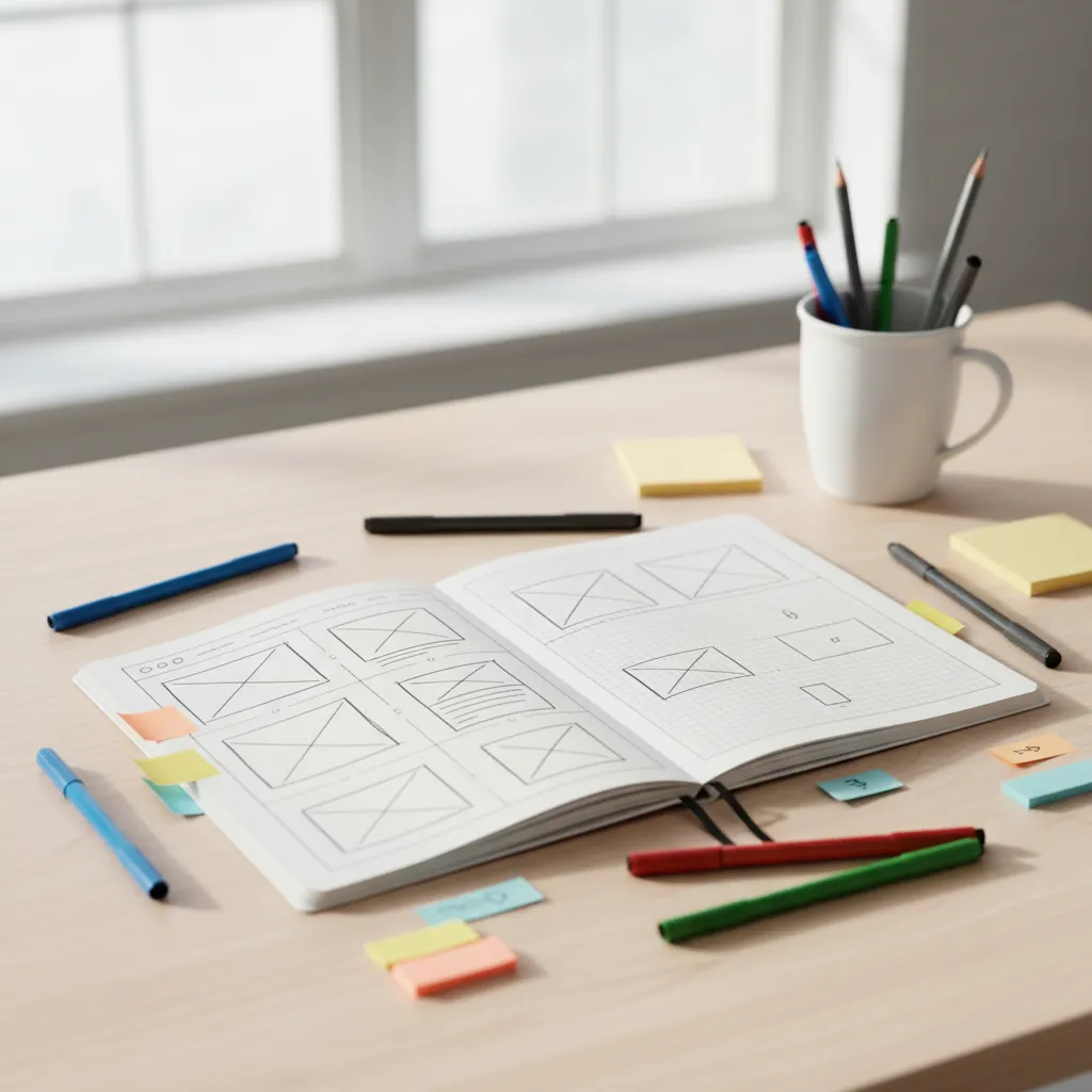 A wireframe sketchbook open to a website layout, surrounded by colored pens and sticky notes, creative workspace, 1:1 aspect ratio