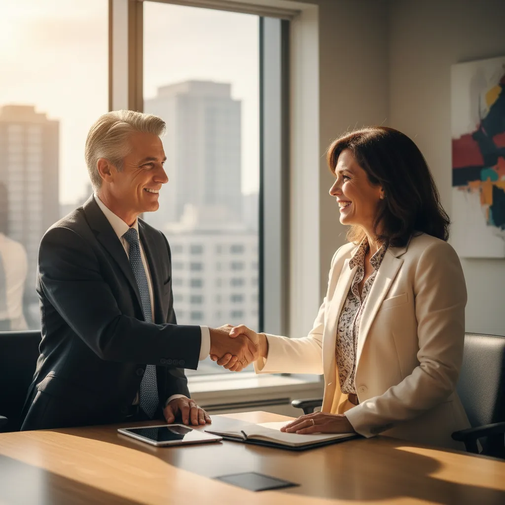 A smiling middle-aged man in business attire shakes hands with a woman across a conference table in a modern office. 1:1 aspect ratio.